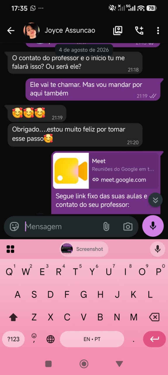 Print de conversa no WhatsApp com a aluna Joyce Assunção