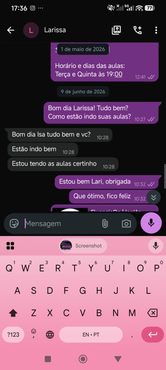 Print de conversa no WhatsApp com a aluna Larissa